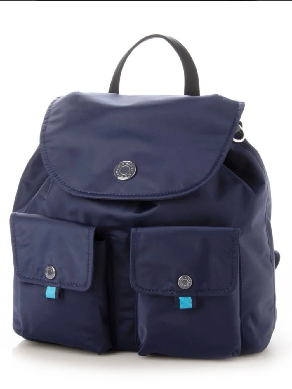 Cole Haan GrandSeries Navy Nylon Drawstring Backpack Genuine Leather Trim Travel